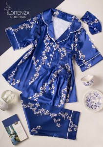 لباس خواب کد 846 بلوز شلوار ساتن آبی LO